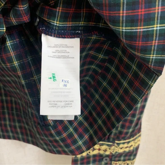 J. Crew Holiday Tartan Plaid Embroidered Gold Popover Peasant Blouse Medium - Picture 6 of 7